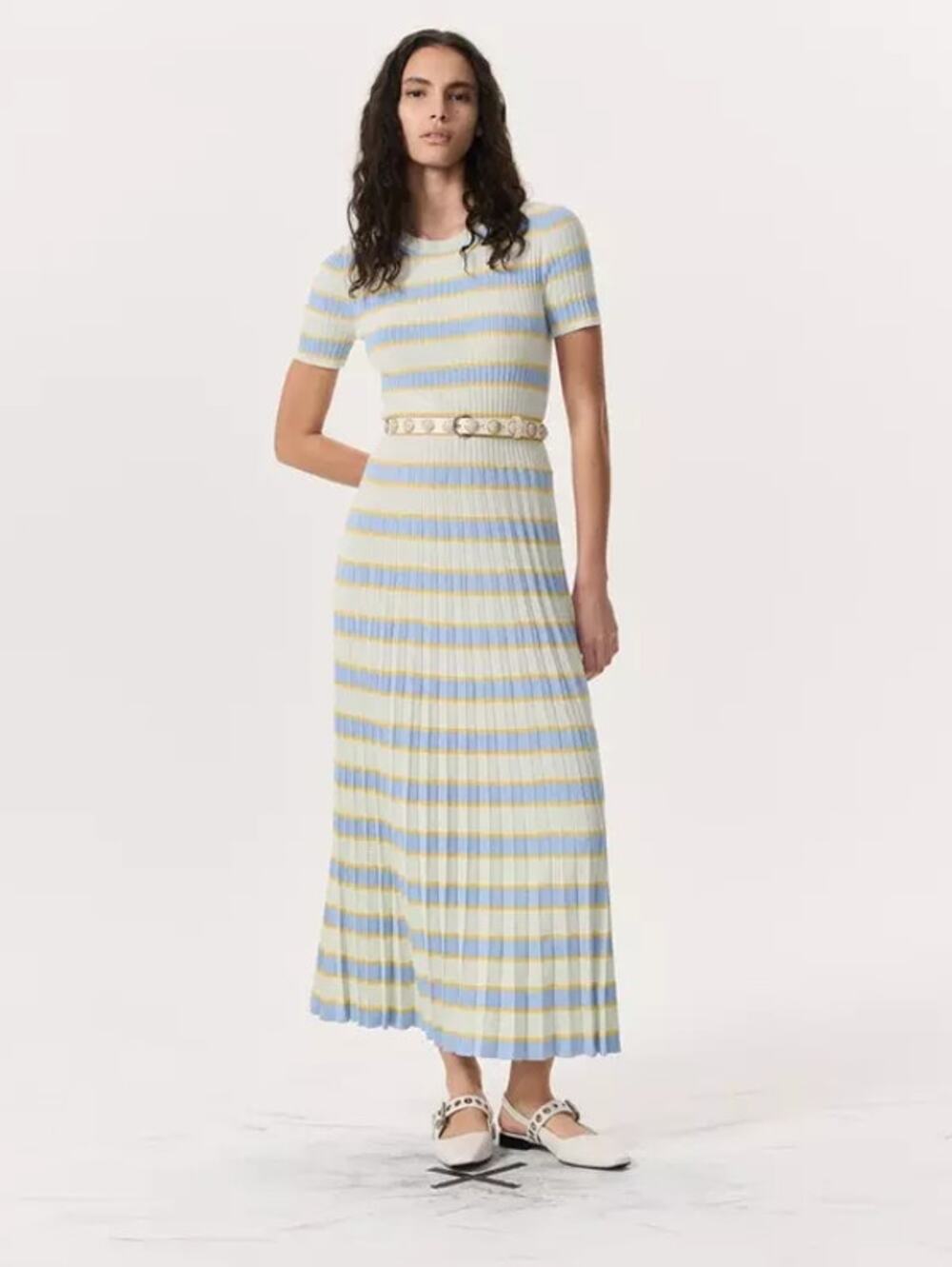 Rag & Bone Eloise Stripe Short Sleeve Pleated Rib Knit Maxi Dress Womens Small